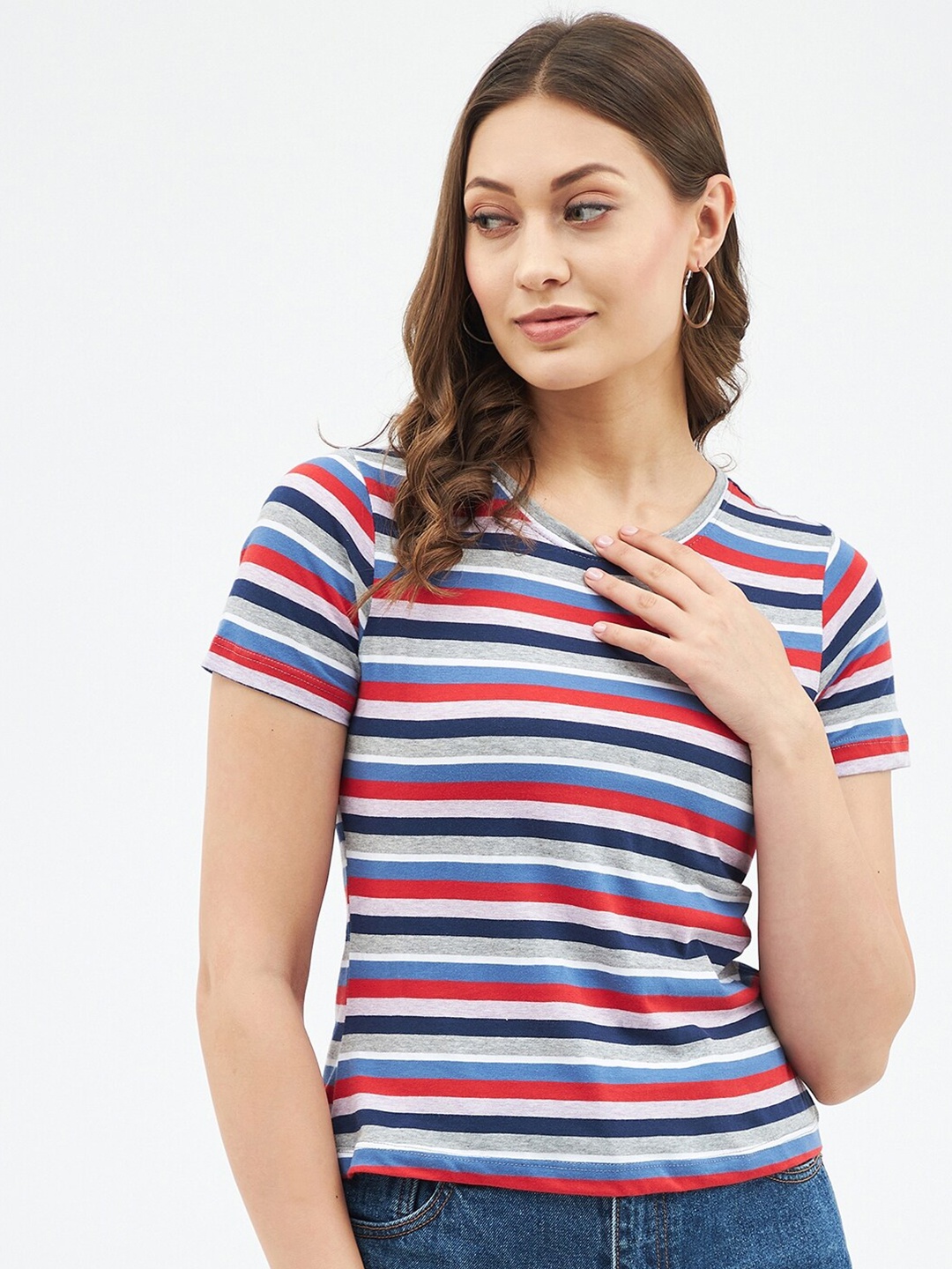 

Harpa Women Striped Henley Neck Pure Cotton T-shirt, Pink