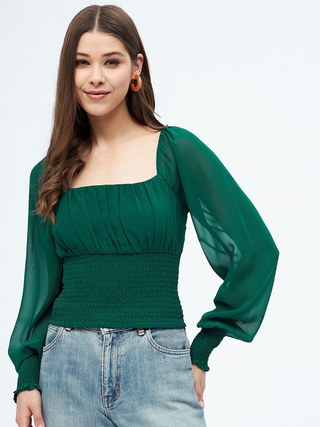 

Harpa Women Green Smocked Georgette Cinched Waist Crop Top