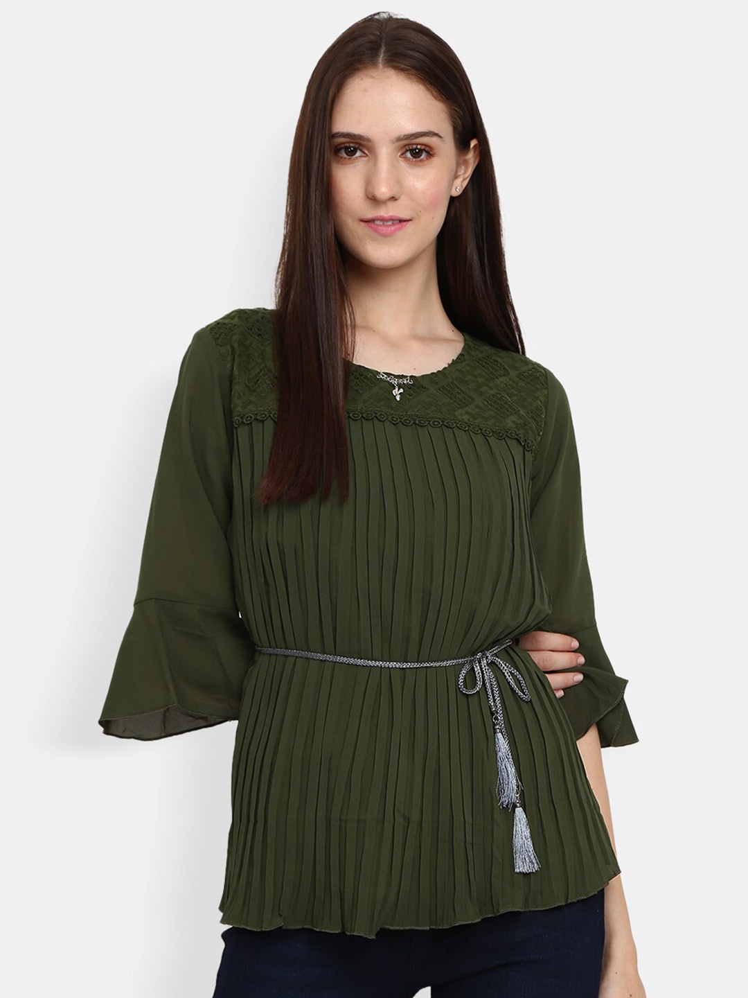 

V-Mart Women Olive Green Accordion Pleated Embroidered Top