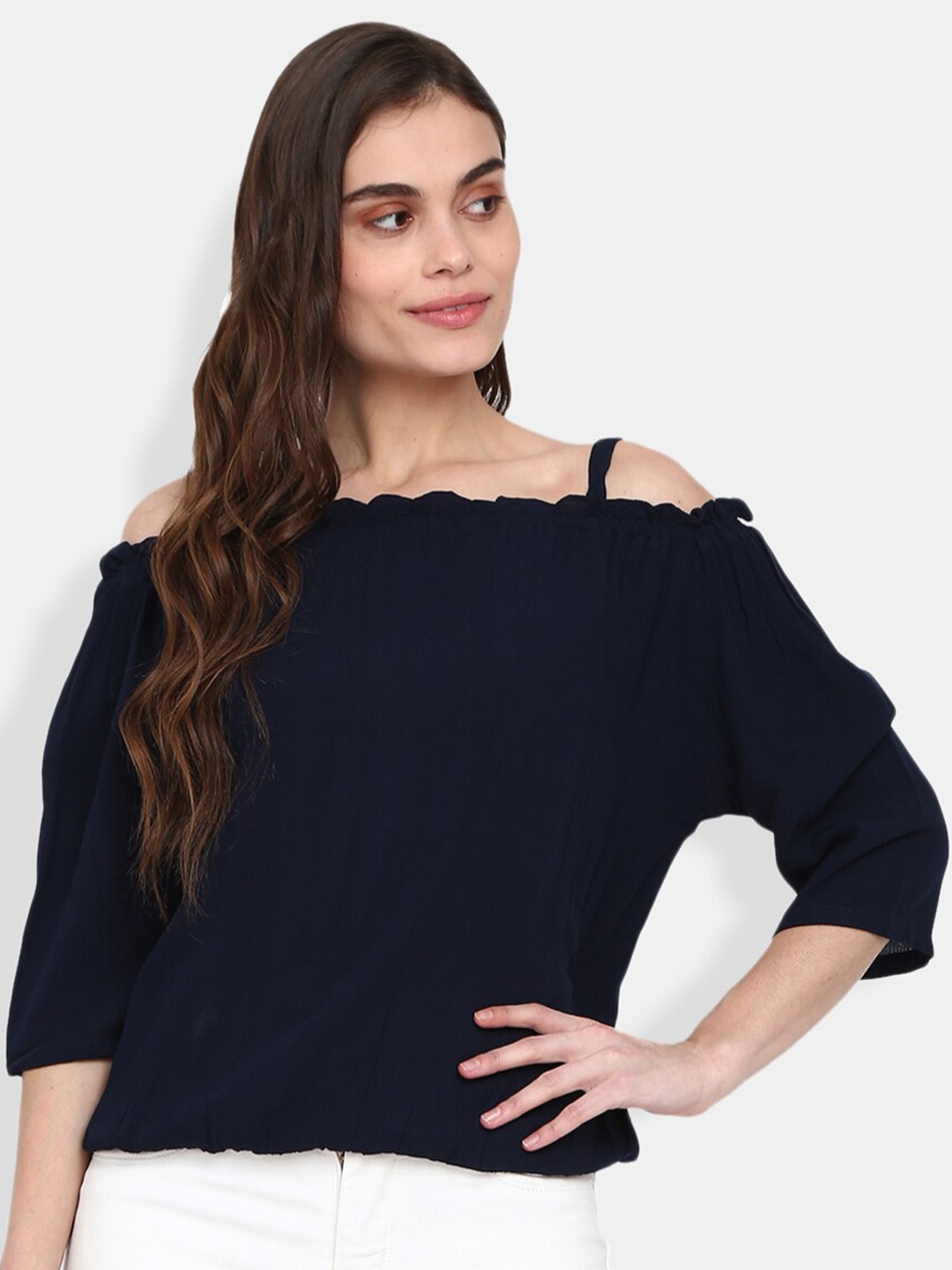 

V-Mart Navy Blue Solid Cold-Shoulder Top