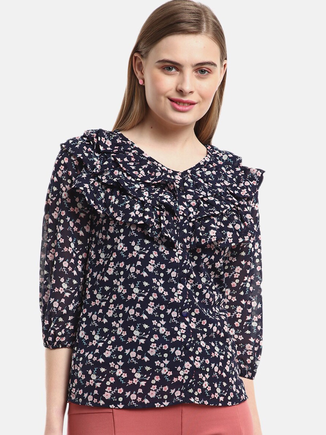 

V-Mart Womens Navy Blue Floral Print Ruffles Top