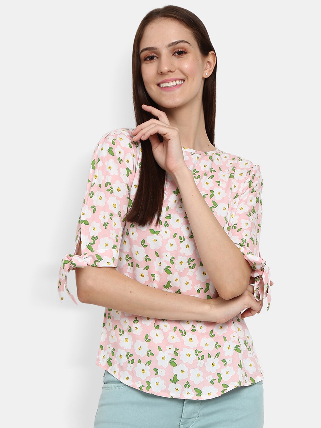 

V-Mart Womens Peach-Coloured Floral Print Tie Ups Top