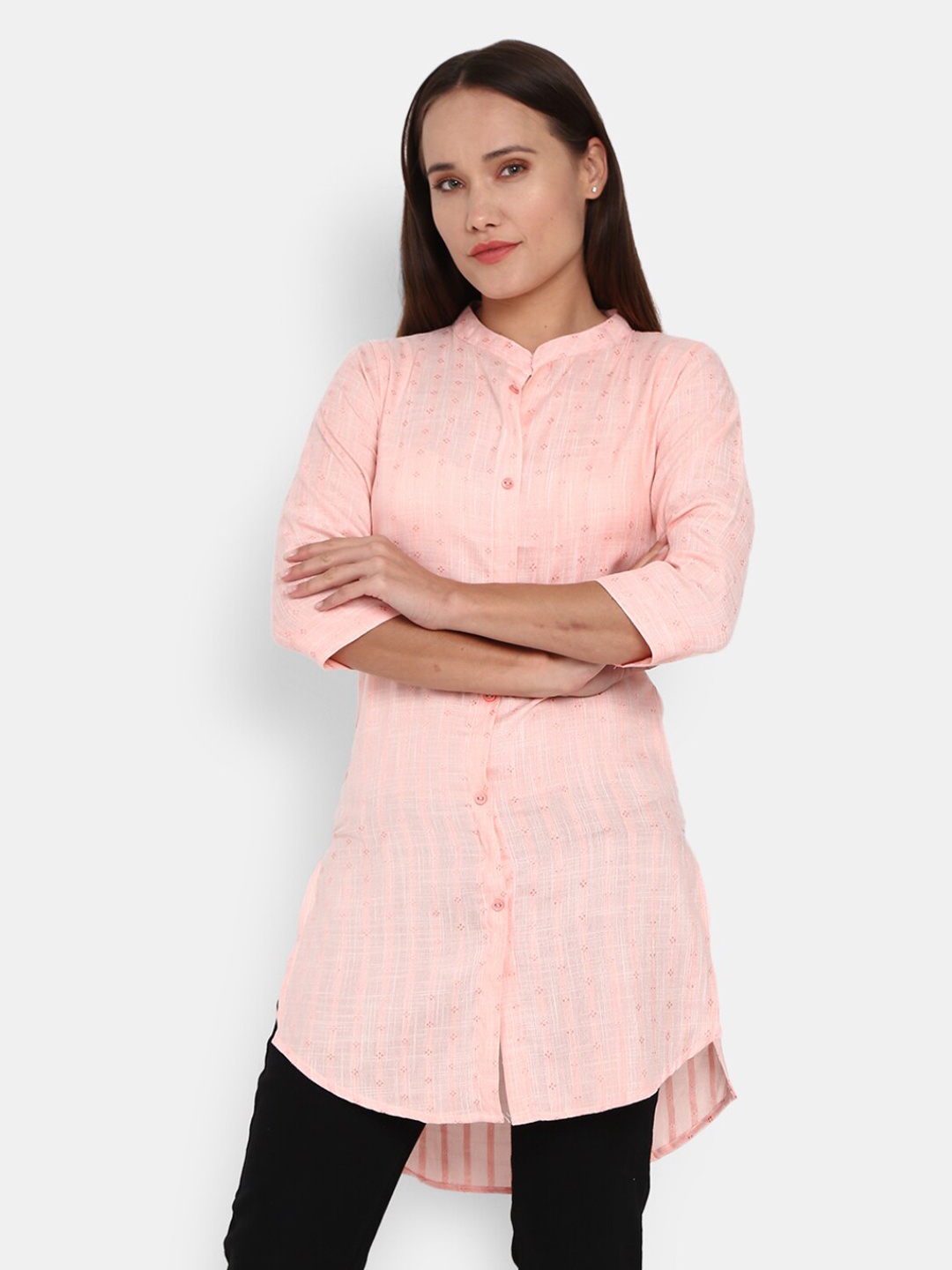 

V-Mart Womens Peach Coloured Mandarin Collar High-Low Longline Top