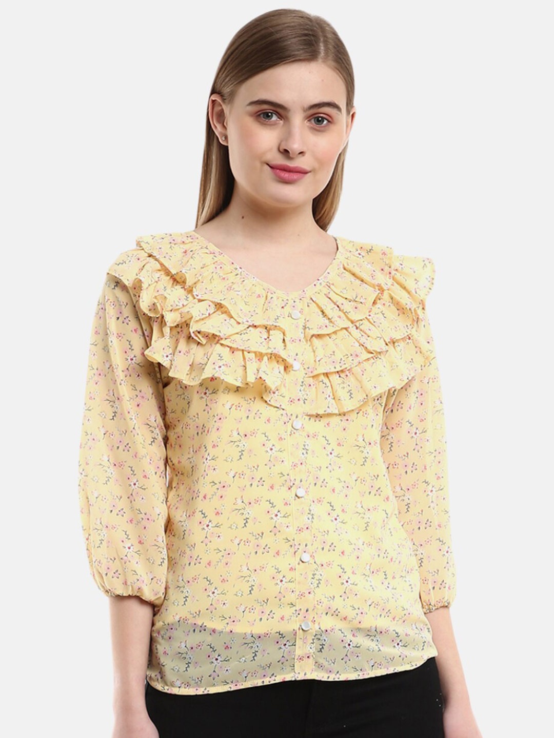 

V-Mart Womens Yellow Floral Print Ruffles Top