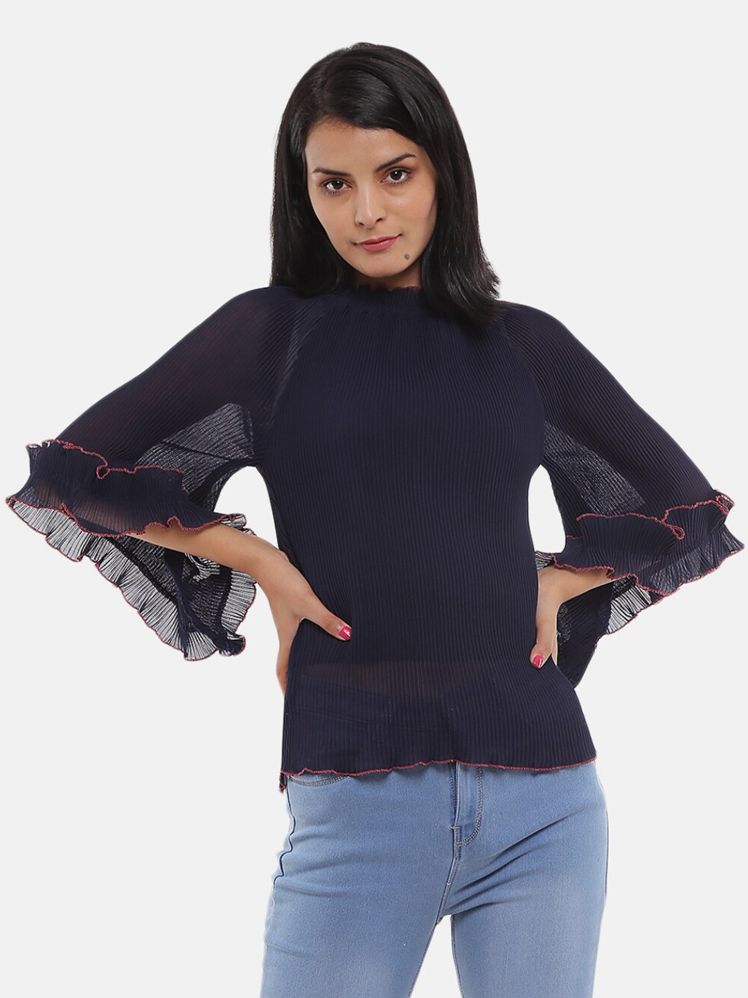 

V-Mart Navy Blue Solid Flared Sleeves Top