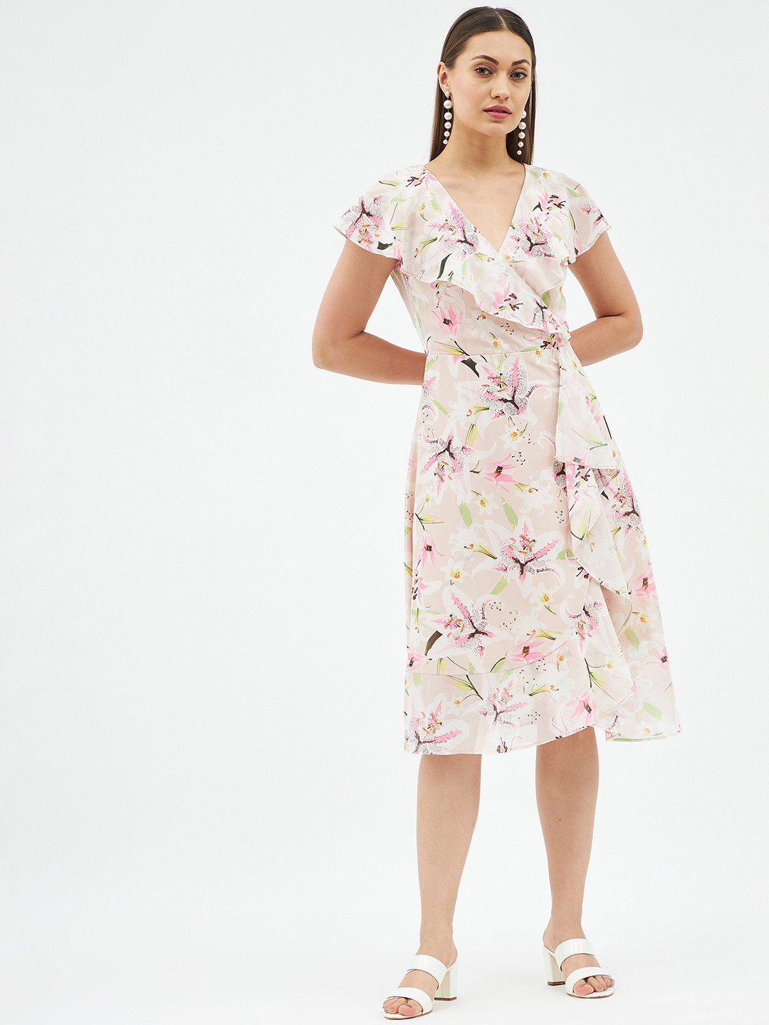 

Harpa Off White & Pink Floral Georgette Wrap Dress