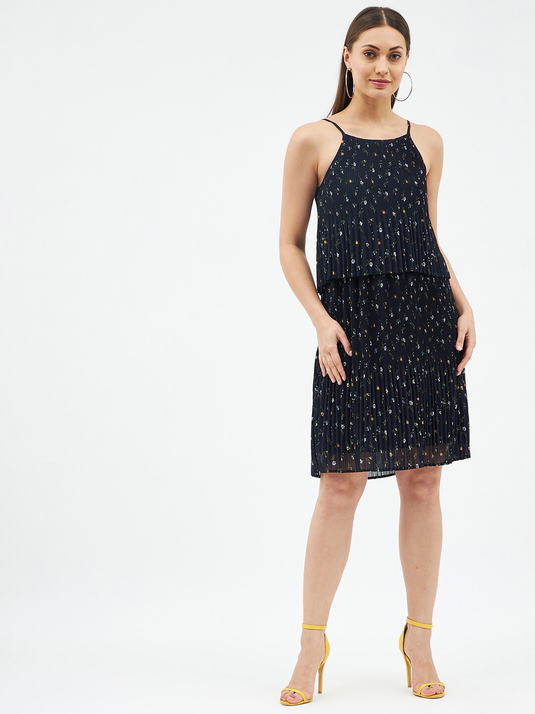 

Harpa Navy Blue Floral Georgette Sheath Dress