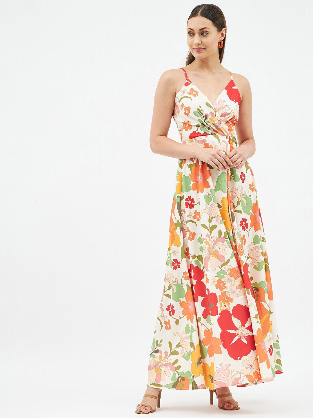

Harpa Women Off White & Red Floral Crepe Maxi Dress