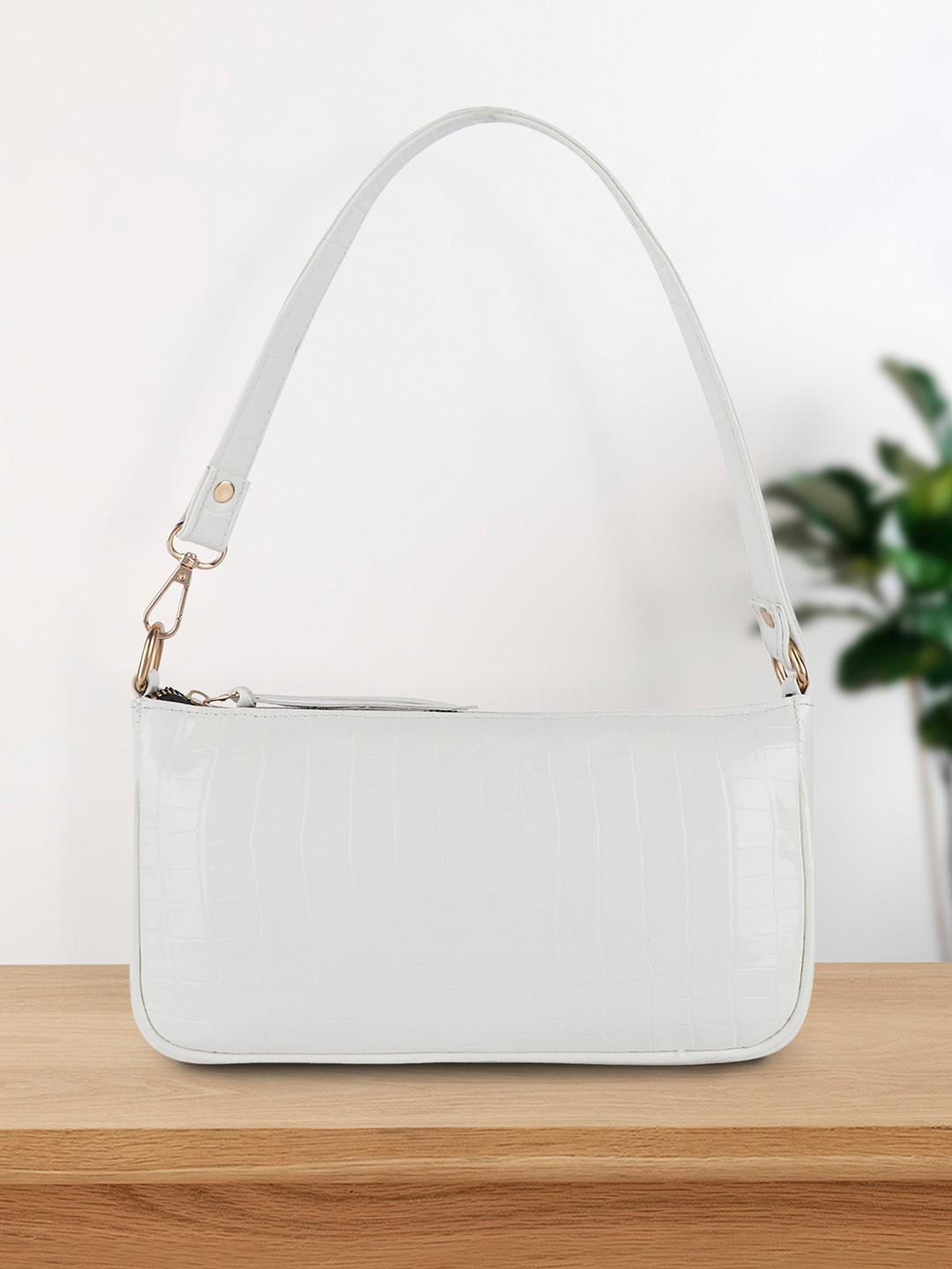 

LEKHX Women White Textured Baguette Shoulder Bag