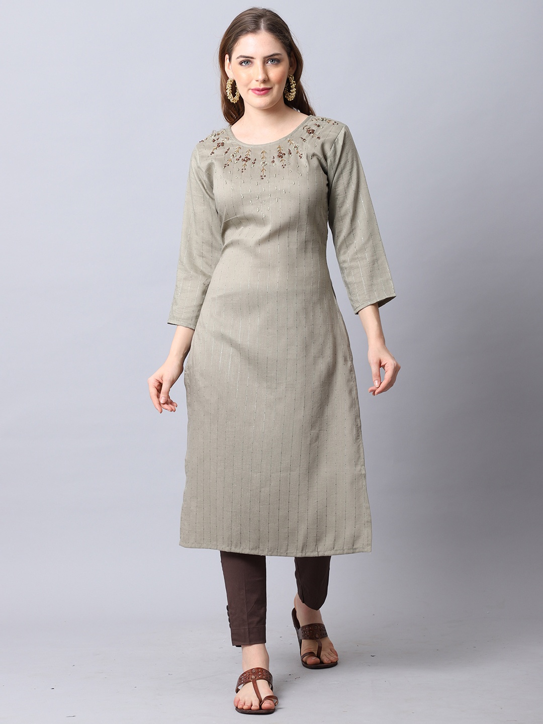 

Rajnandini Women Olive Green Striped Thread Work A-line Kurta