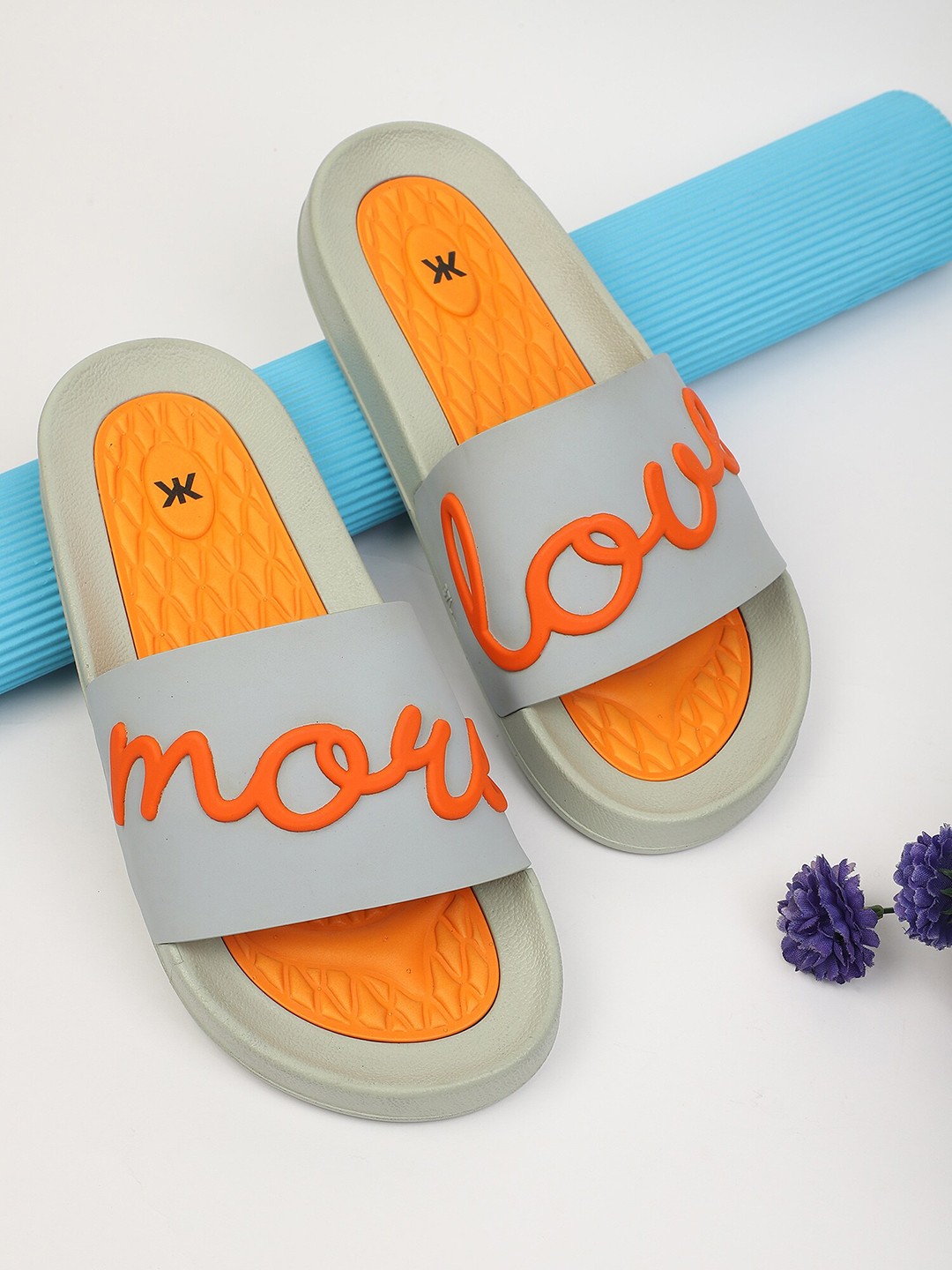 

Kook N Keech Women Grey & Orange Printed Synthetic Sliders