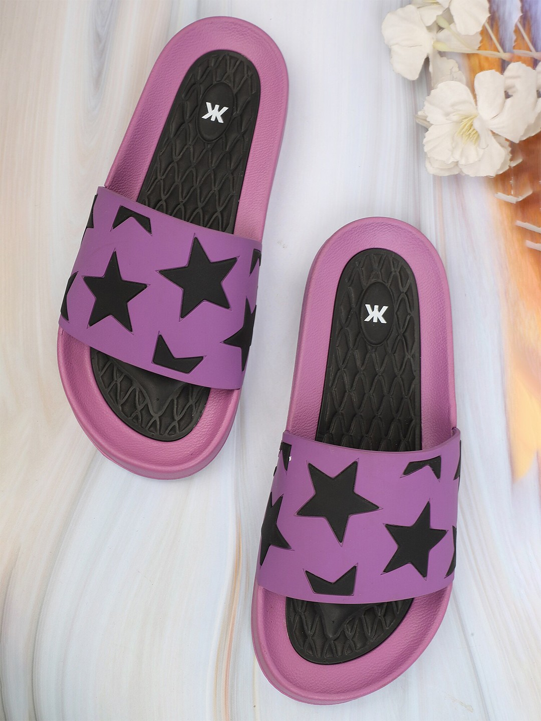 

Kook N Keech Women Purple & Black Printed Sliders