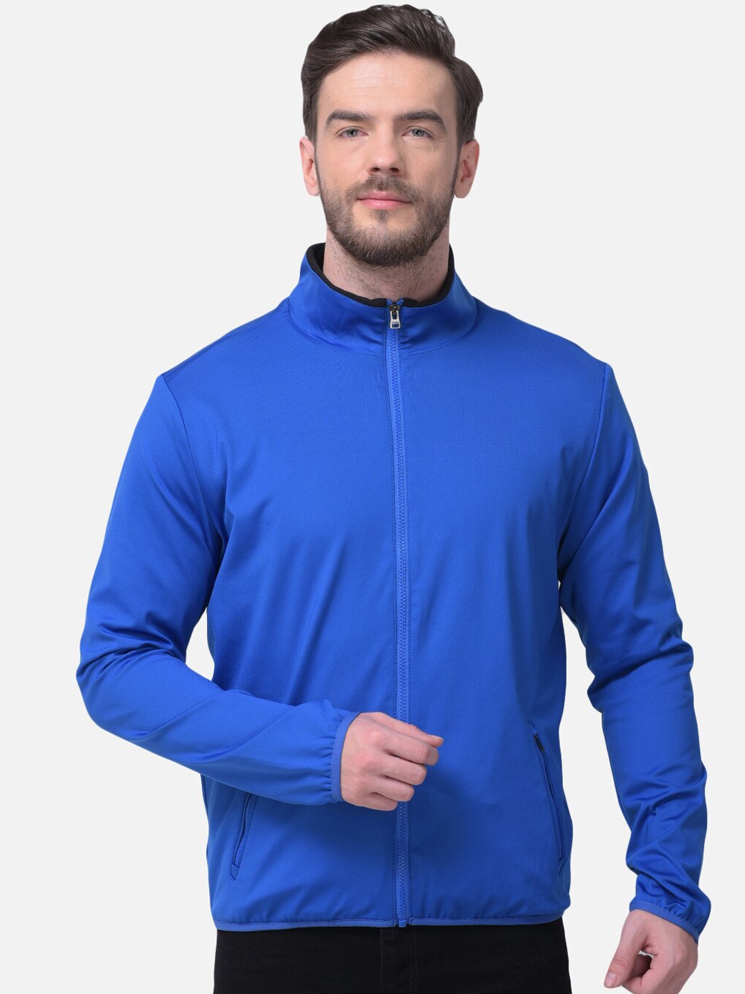 

Woods Men Blue Water Resistant Sporty Jacket with Patchwork