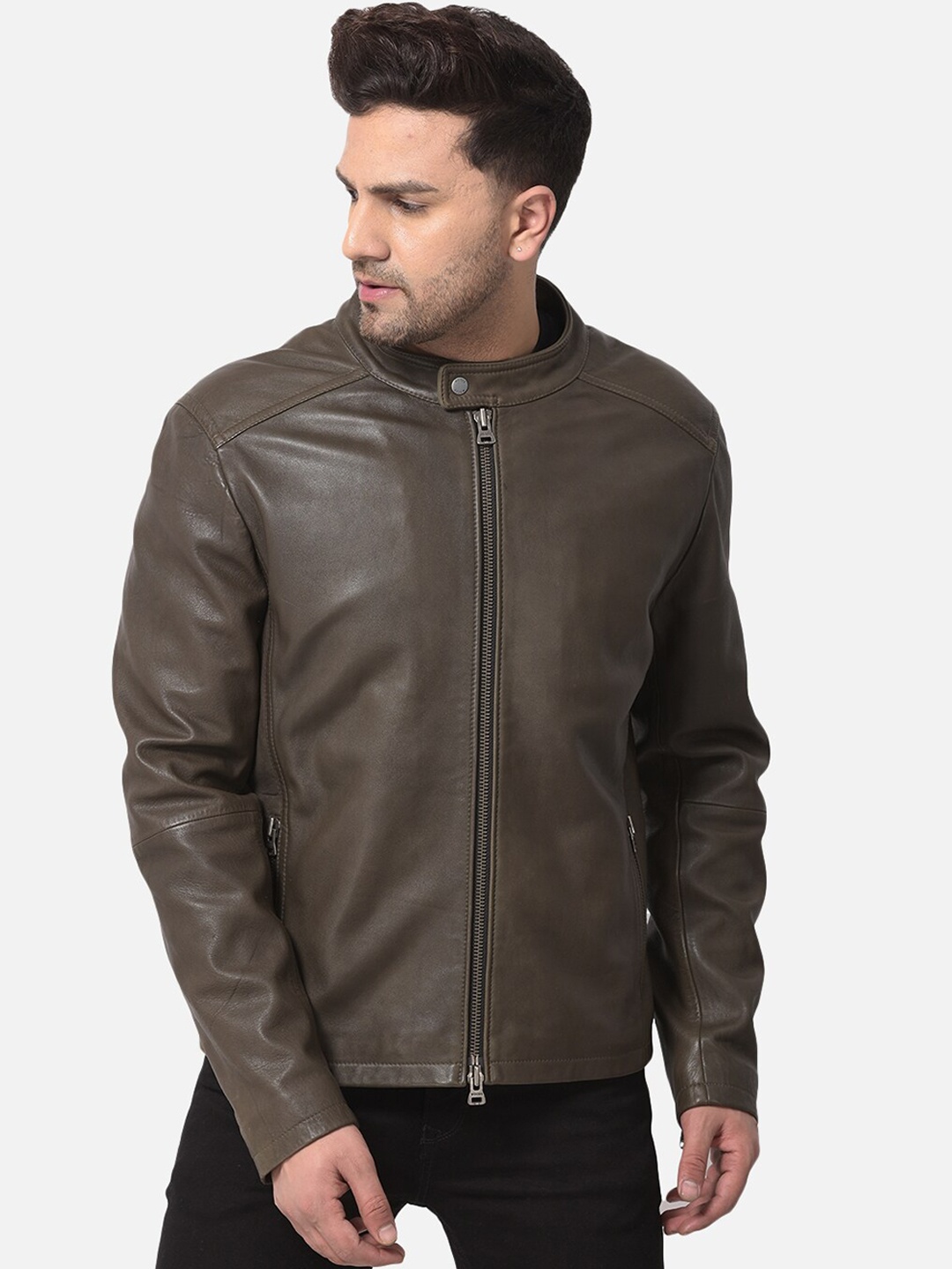 

Woods Men Olive Green Leather Water Resistant Bomber with Embroidered Jacket