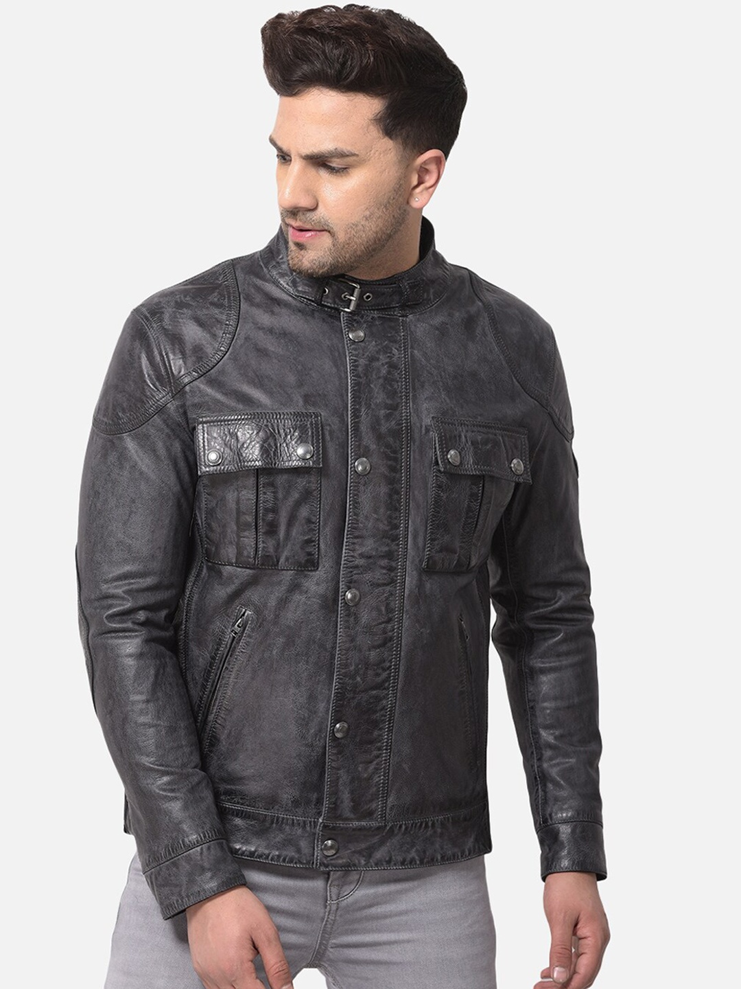 

Woods Men Black Leather Water Resistant Longline Bomber with Patchwork Jacket