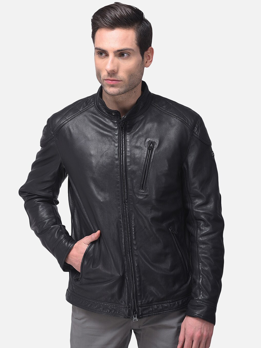 

Woods Men Black Leather Water Resistant Longline Biker Jacket