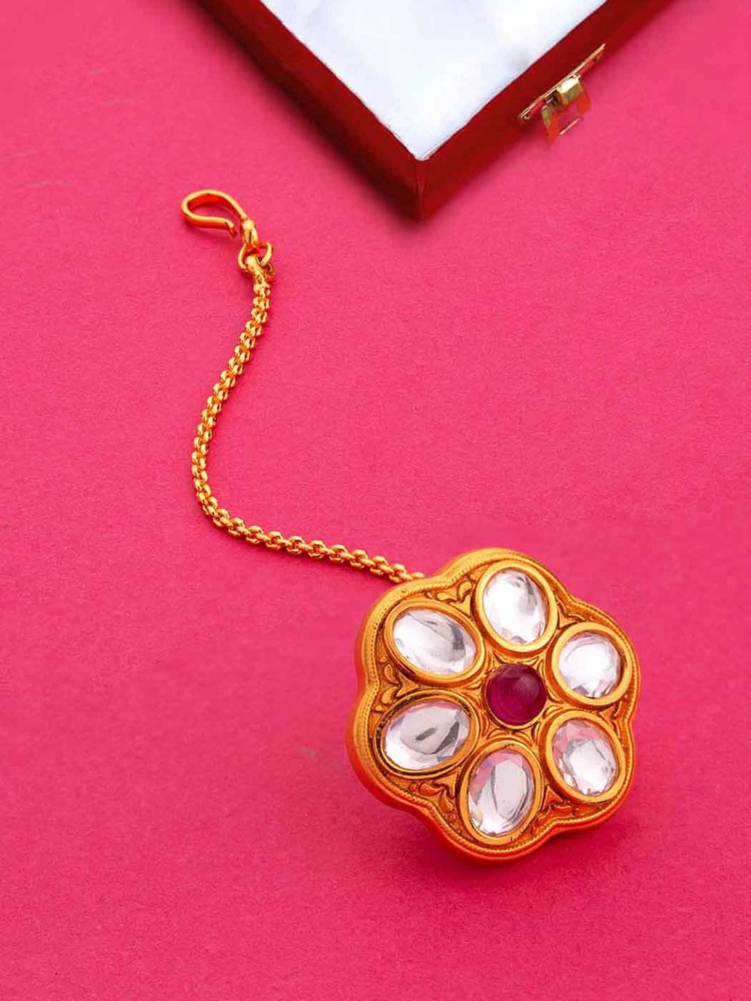 

Voylla Red & Gold-Toned & Plated Floral Borla Maang Tikka