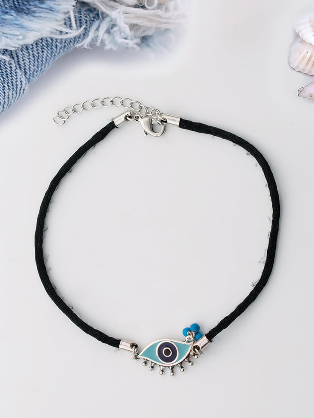 

Voylla Silver-Plated Blue Enamelled Evil-Eye Charm Anklet