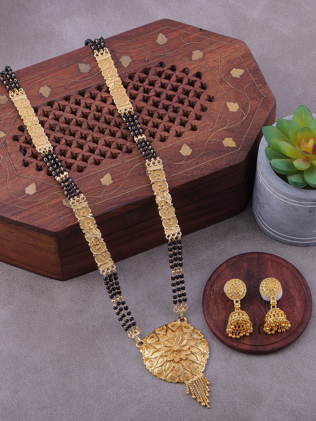 

Brandsoon Gold-Plated Black Beaded Long Mangalsutra With Earrings