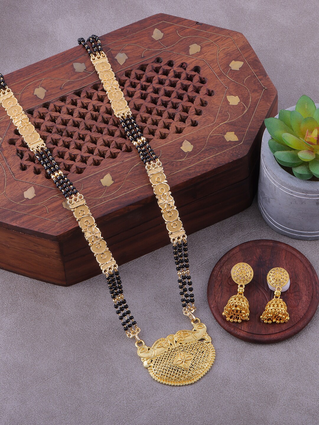 

Brandsoon Gold-Plated & Black Beaded Mangalsutra With Earrings