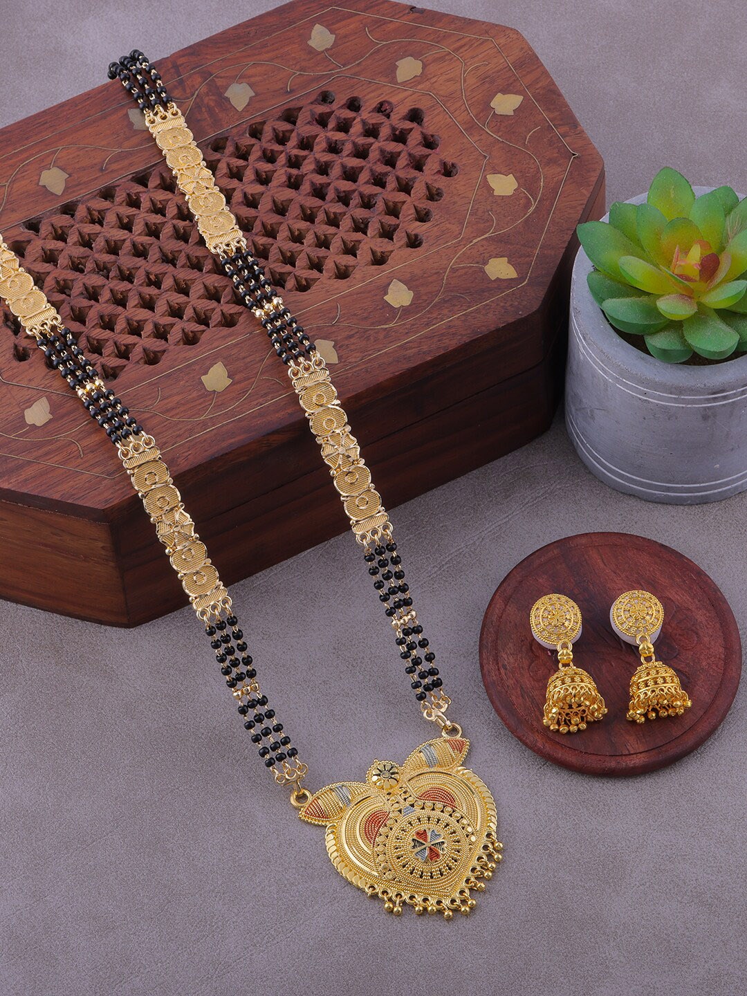 

Brandsoon Gold-Plated Gold Beaded Mangalsutra With Earring