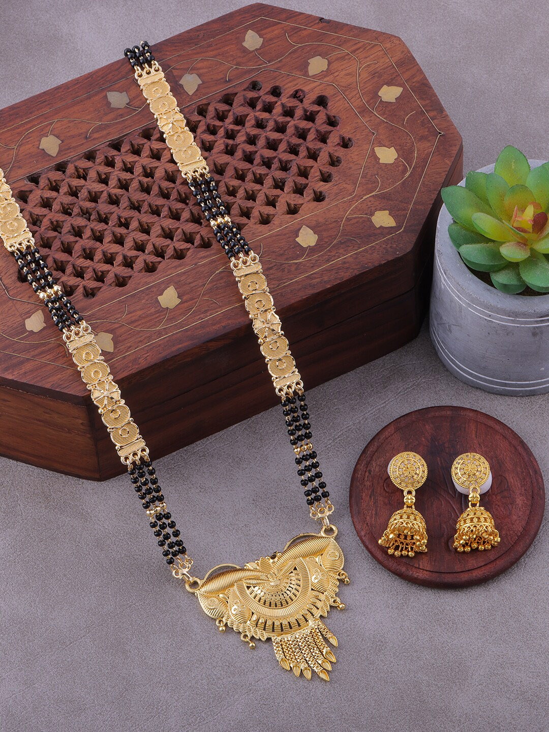 

Brandsoon Gold-Plated & Black Beaded Mangalsutra With Earrings