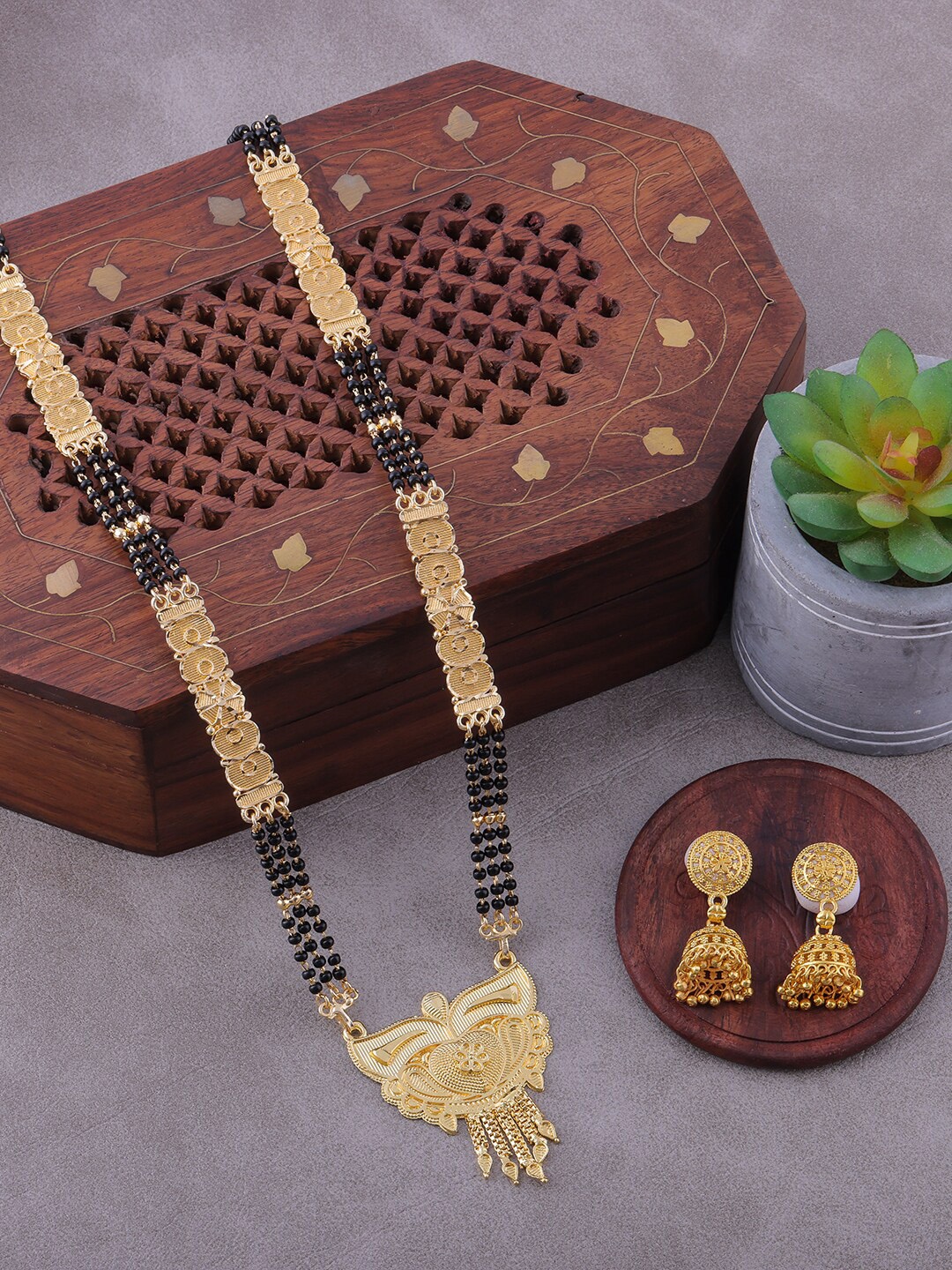 

Brandsoon Gold-Plated Black Beaded Mangalsutra Set