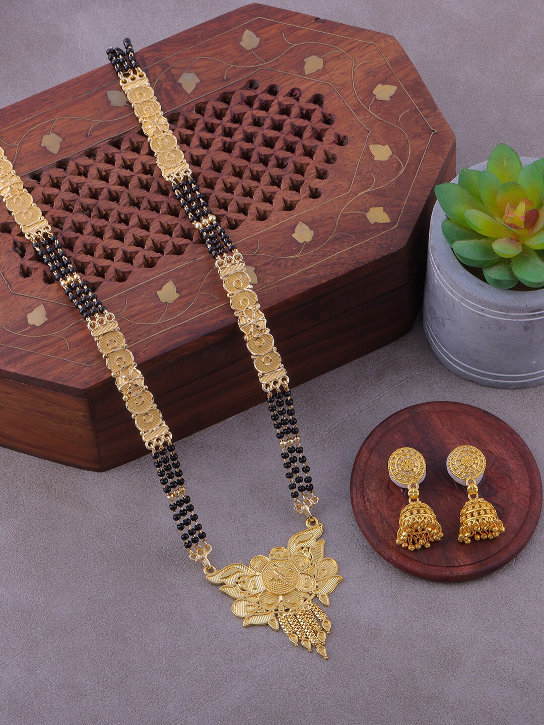 

Brandsoon Gold-Plated Black Beaded Long Mangalsutra With Earrings