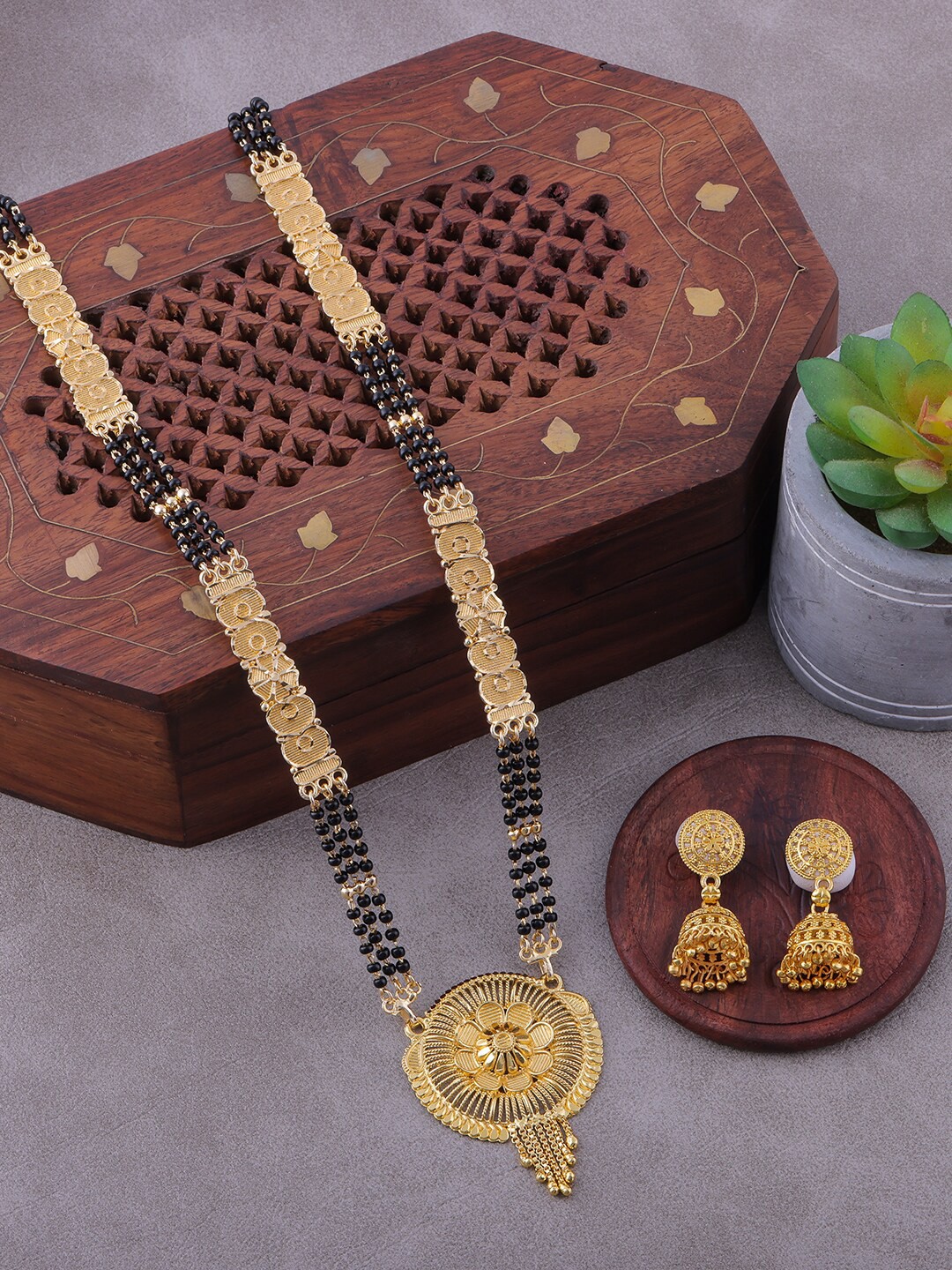 

Brandsoon Gold-Plated Black Beaded Mangalsutra With Earrings