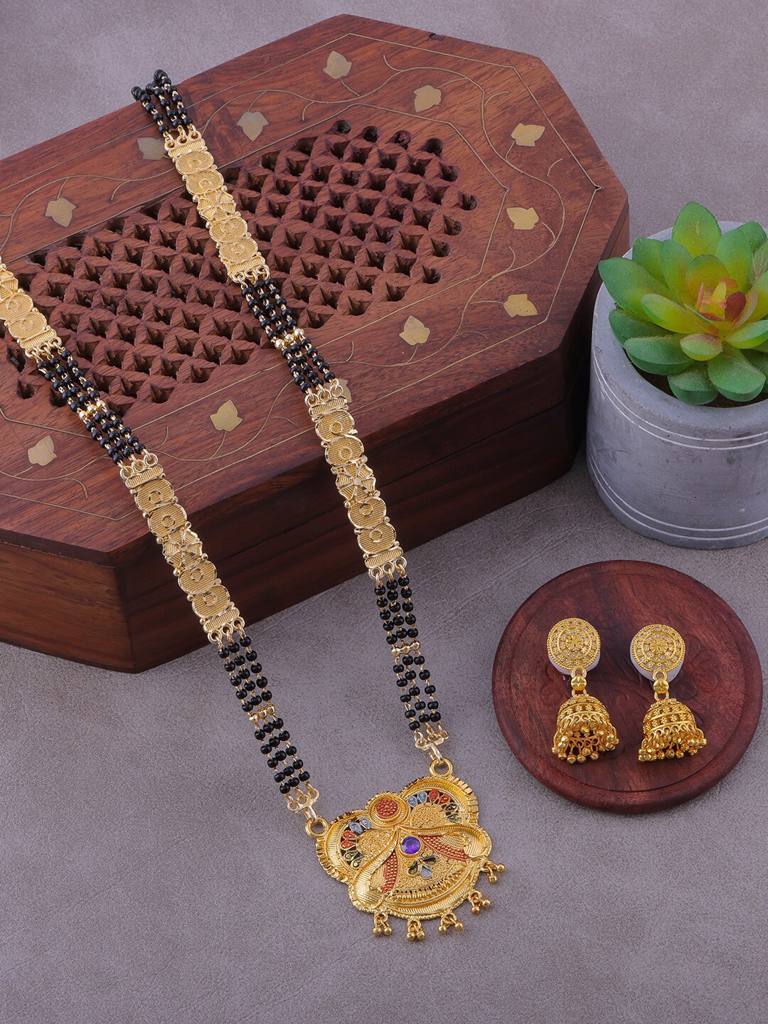 

Brandsoon Gold-Plated Black Beaded Mangalsutra With Earrings