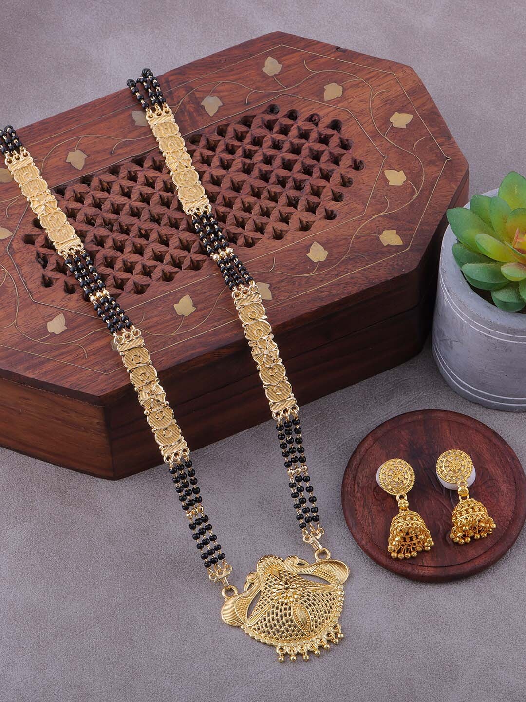 

Brandsoon Gold-Plated & Black Beaded Mangalsutra With Earrings