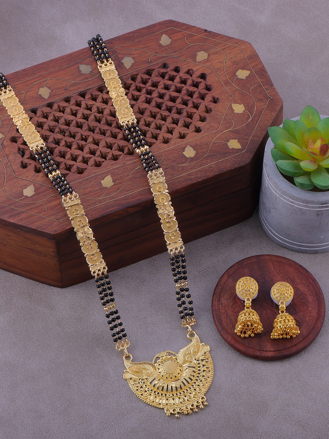 

Brandsoon Gold-Plated Black Beaded Long Mangalsutra With Earrings