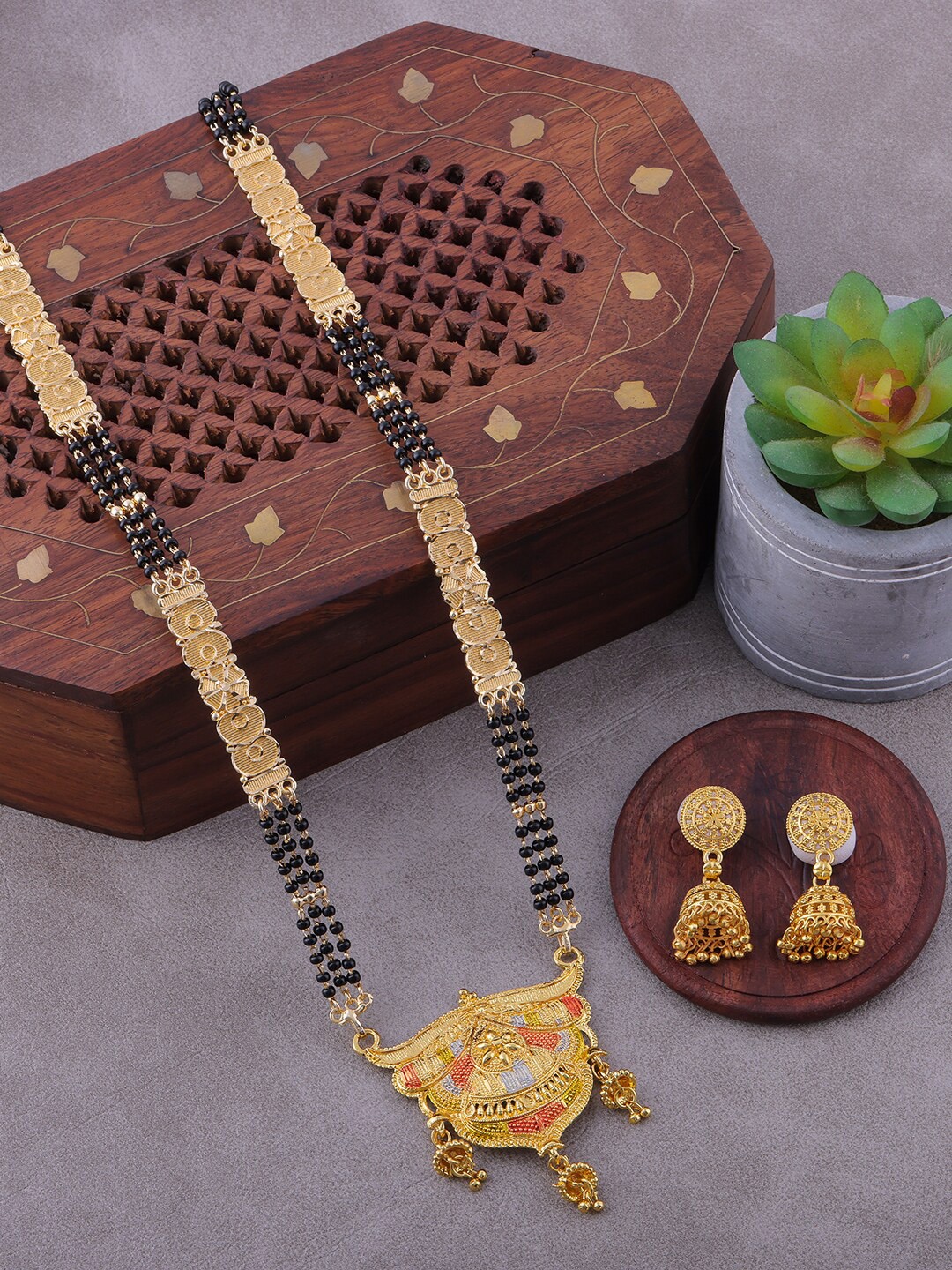 

Brandsoon Gold-Plated & Black Beaded Mangalsutra With Earrings