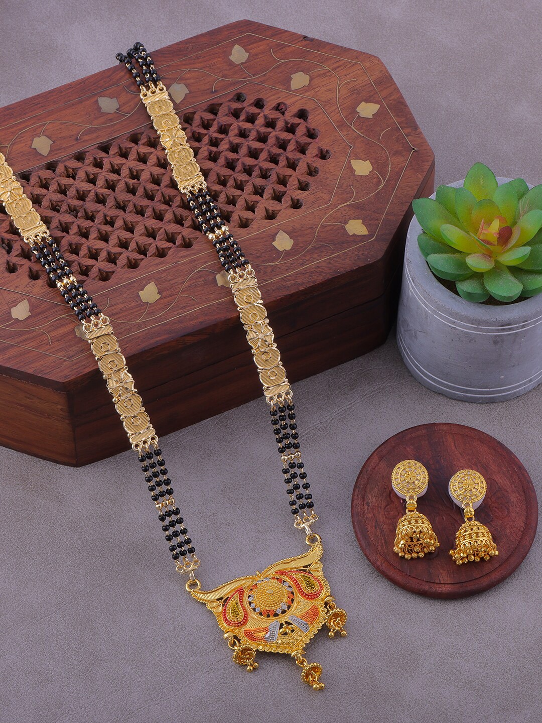 

Brandsoon Gold-Plated Black Beaded Mangalsutra With Earrings