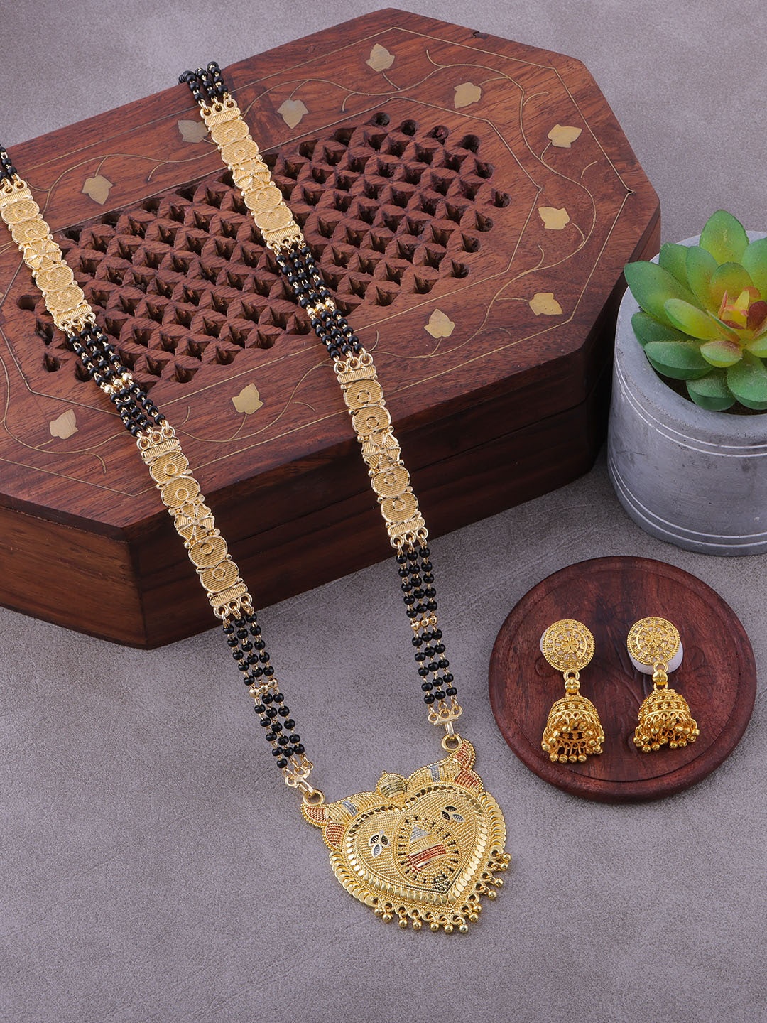 

Brandsoon Gold-Plated & Black Beaded Mangalsutra With Earrings