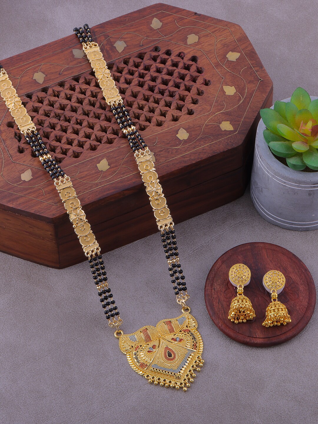 

Brandsoon Gold-Plated Black Beaded Mangalsutra With Earrings