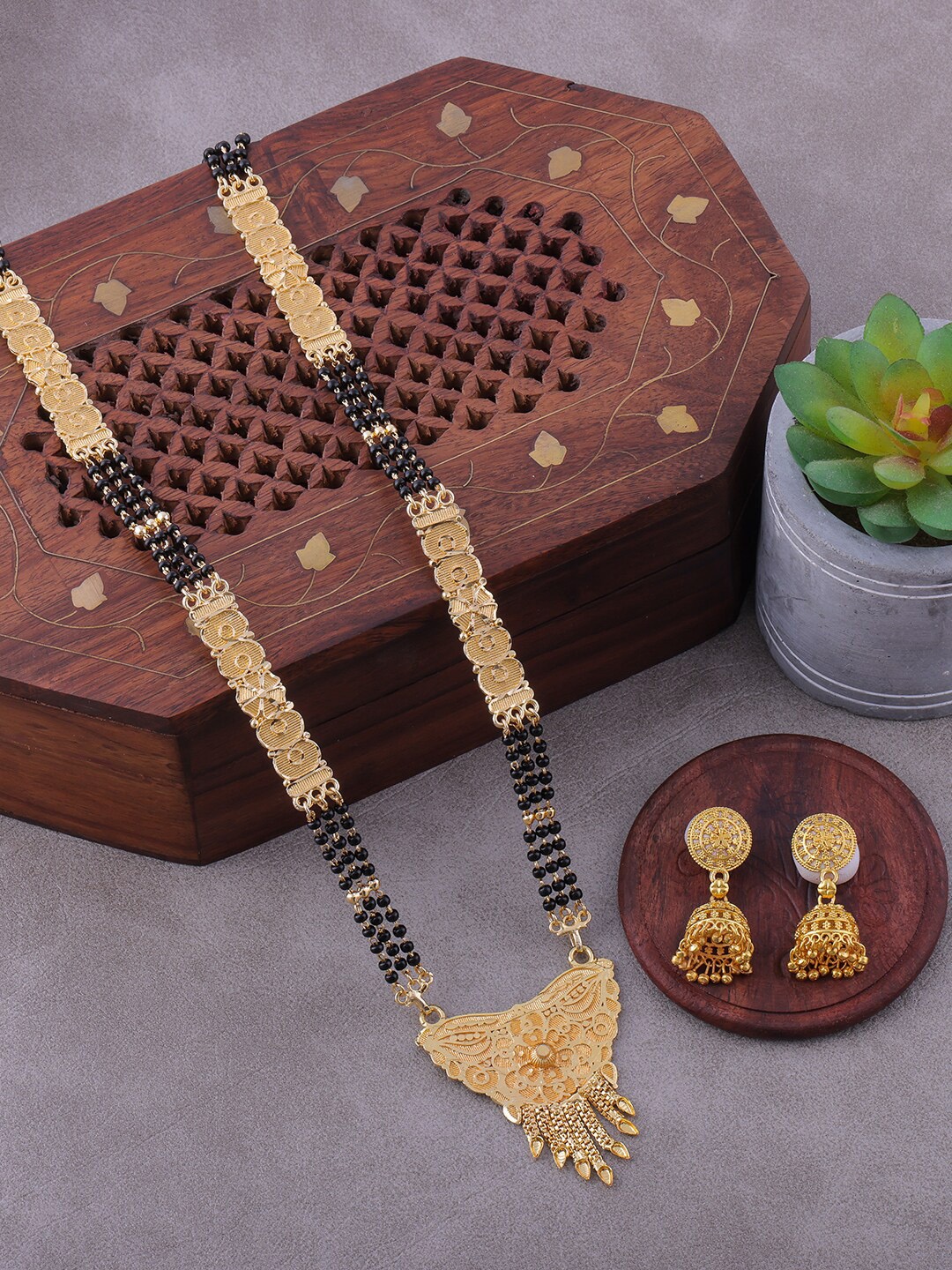 

Brandsoon Gold-Plated & Black Beaded Mangalsutra With Earrings