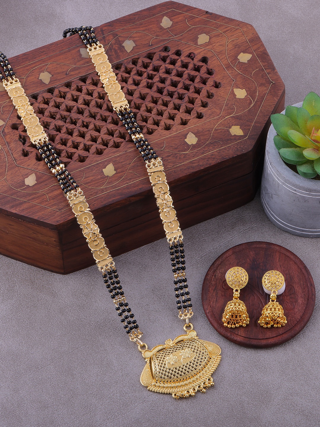 

Brandsoon Gold-Plated Black Beaded Mangalsutra Set