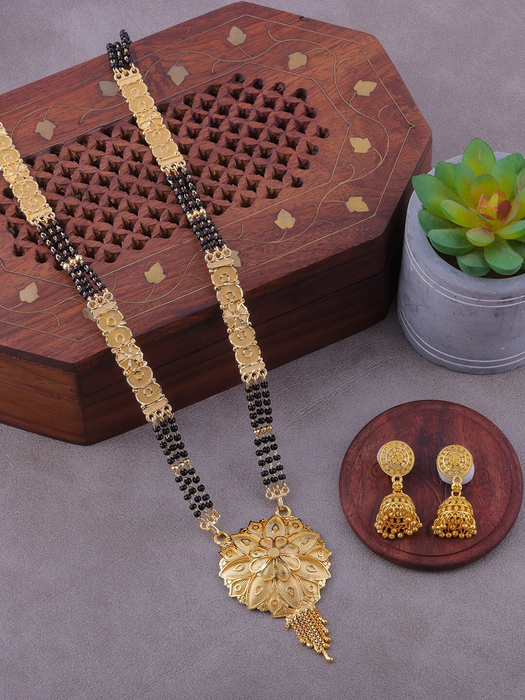 

Brandsoon Gold-Plated Black Beaded Long Mangalsutra With Earrings