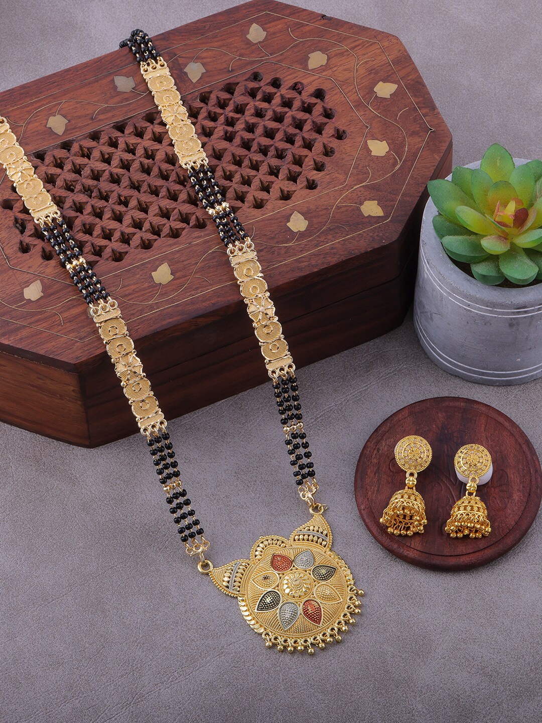 

Brandsoon Gold-Plated & Black Beaded Mangalsutra With Earrings