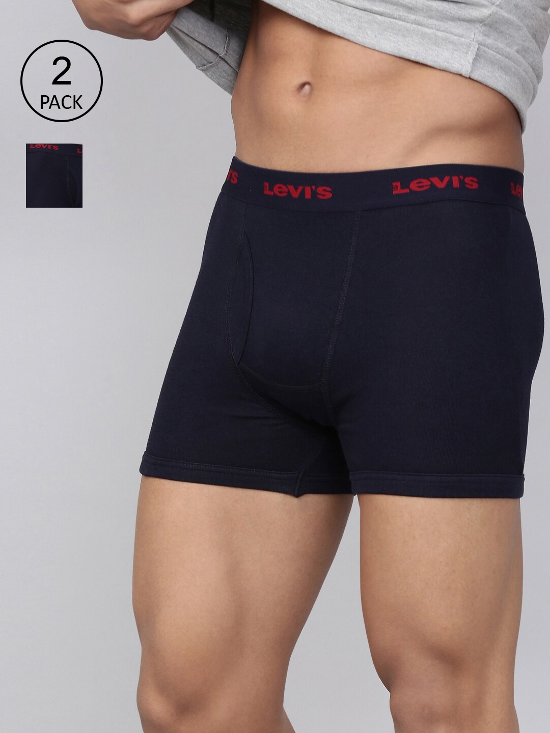 

Levis Men Pack Of 2 Grey Melange & Navy Blue Solid Trunks