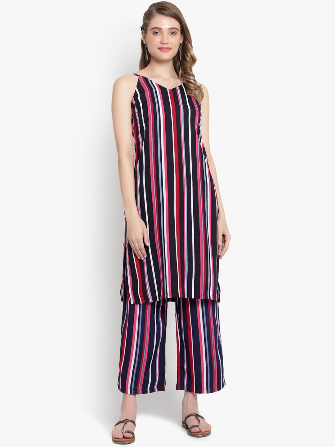 

KALINI Women Blue Striped Kurti with Palazzos