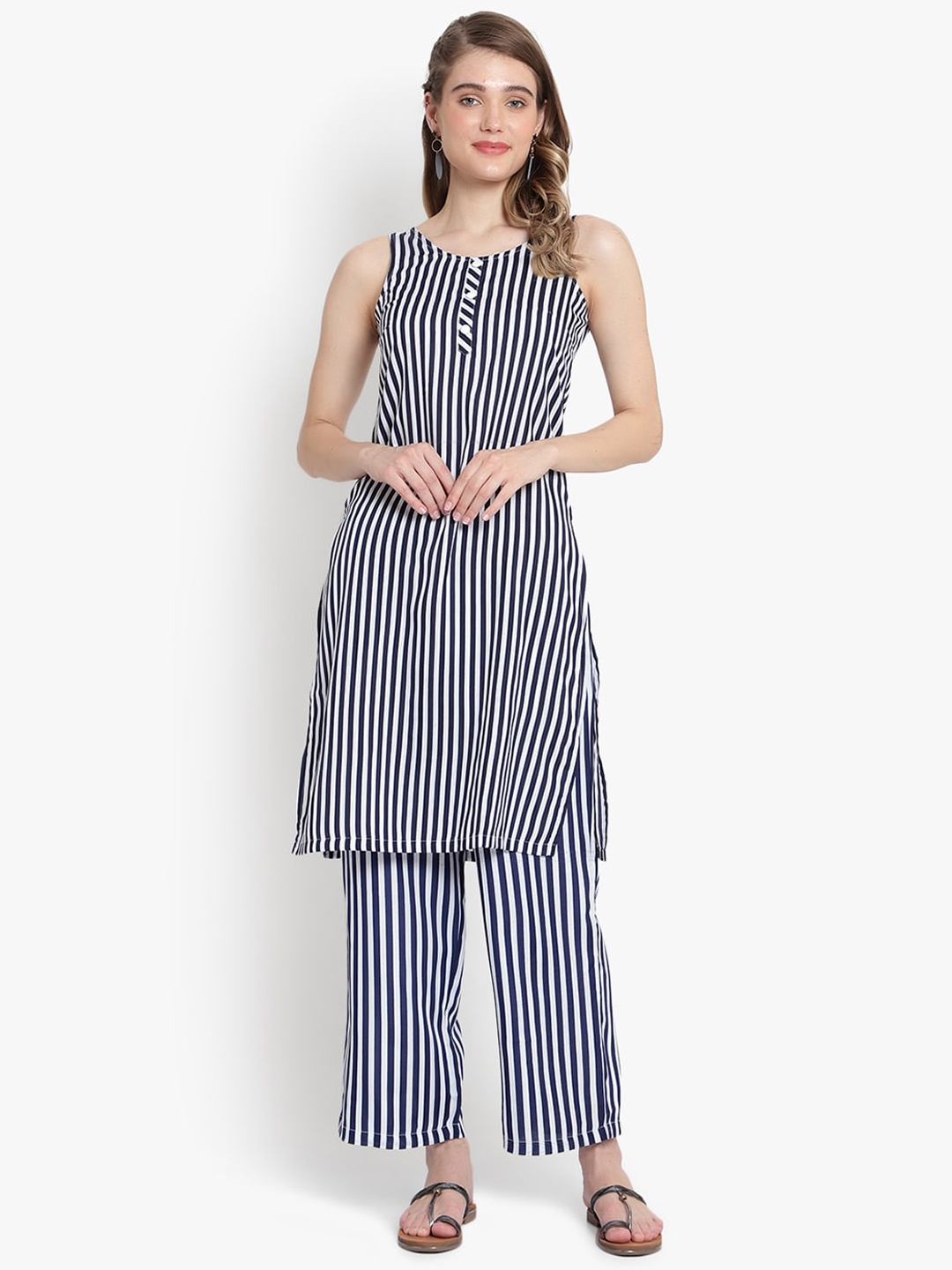 

KALINI Women White Striped Kurta with Palazzos