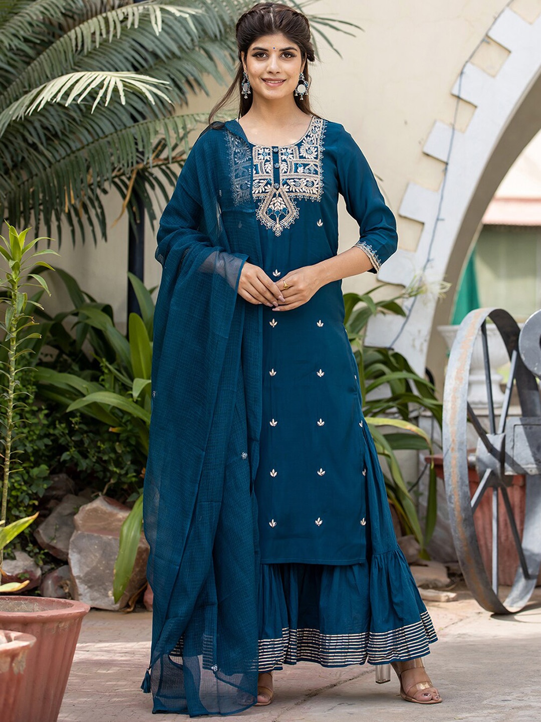 

KAAJH Women Blue Ethnic Motifs Embroidered Pure Cotton Kurta with Sharara & With Dupatta