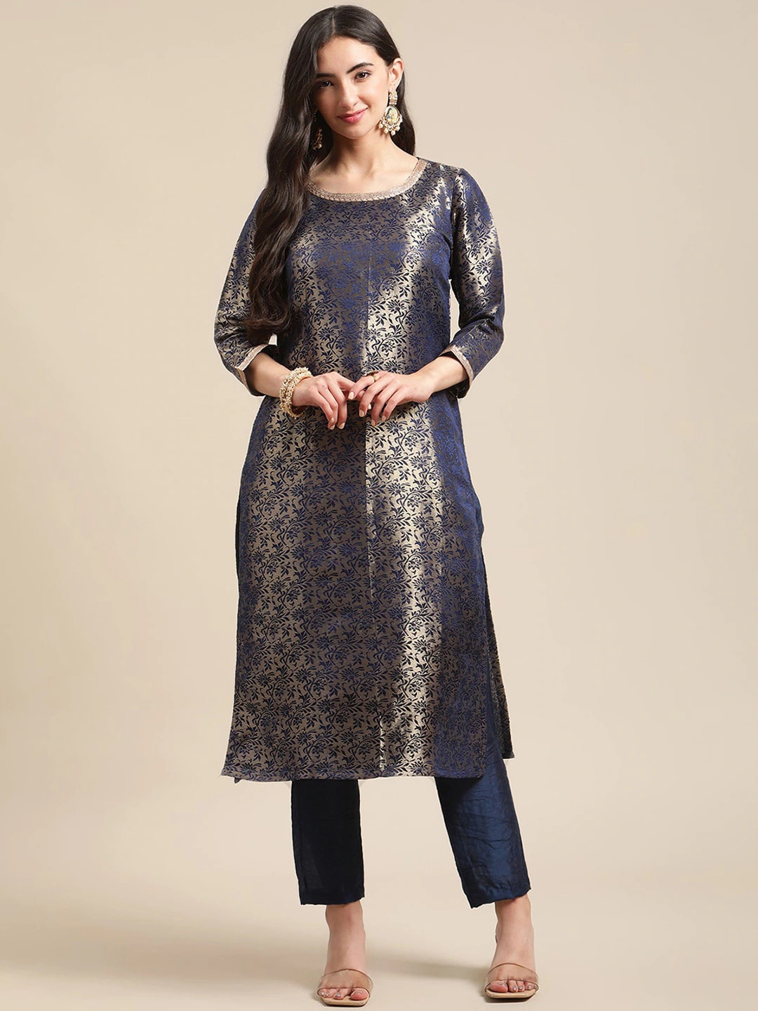 

Varanga Women Blue Embroidered Gotta Patti Brocade Kurti With Trouser