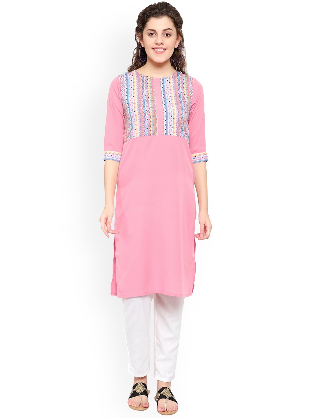 

KALINI Women Pink Geometric Striped Thread Work Crepe Kurta