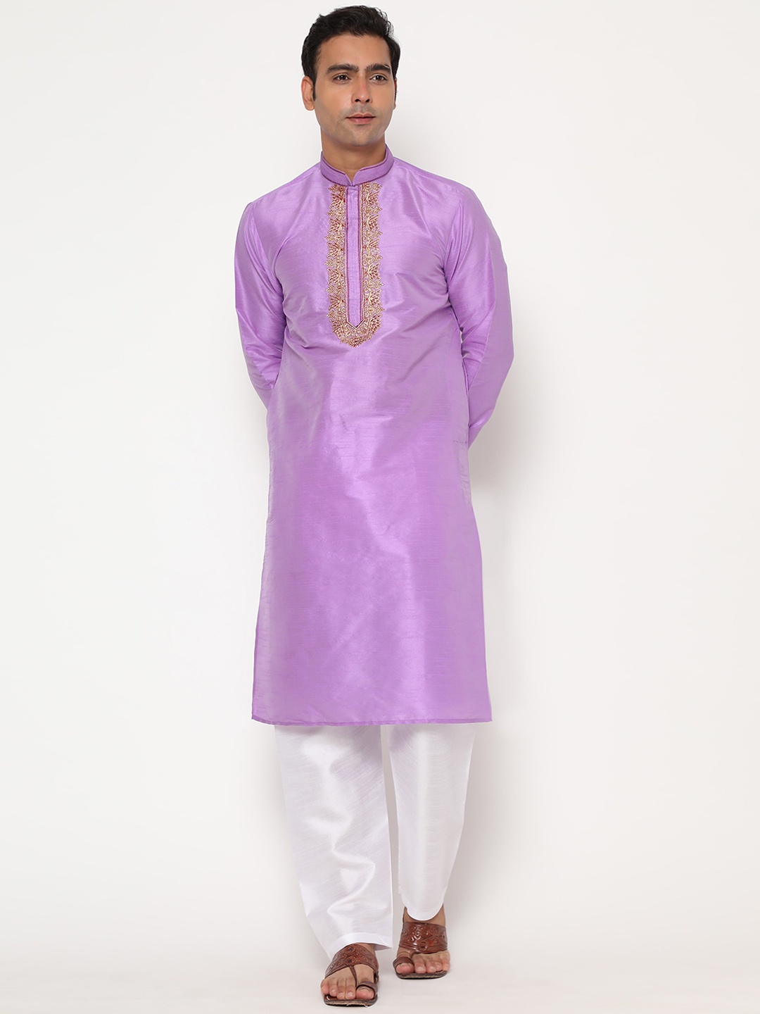 

Glemora Men Purple Yoke Design Dupion Silk Kurta With Pyjama