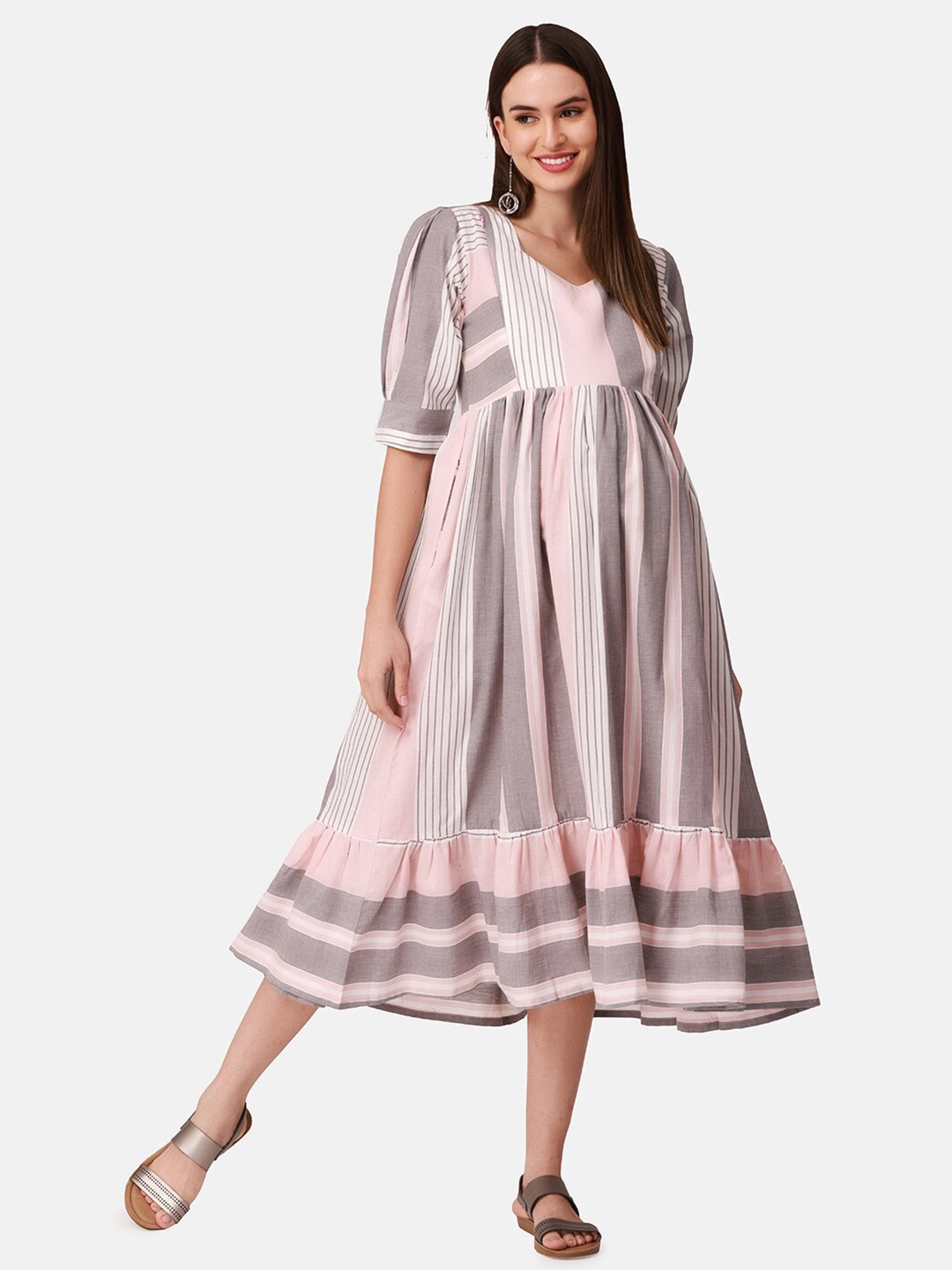 

The Mom Store Pink & Grey Striped Maternity Midi Dress