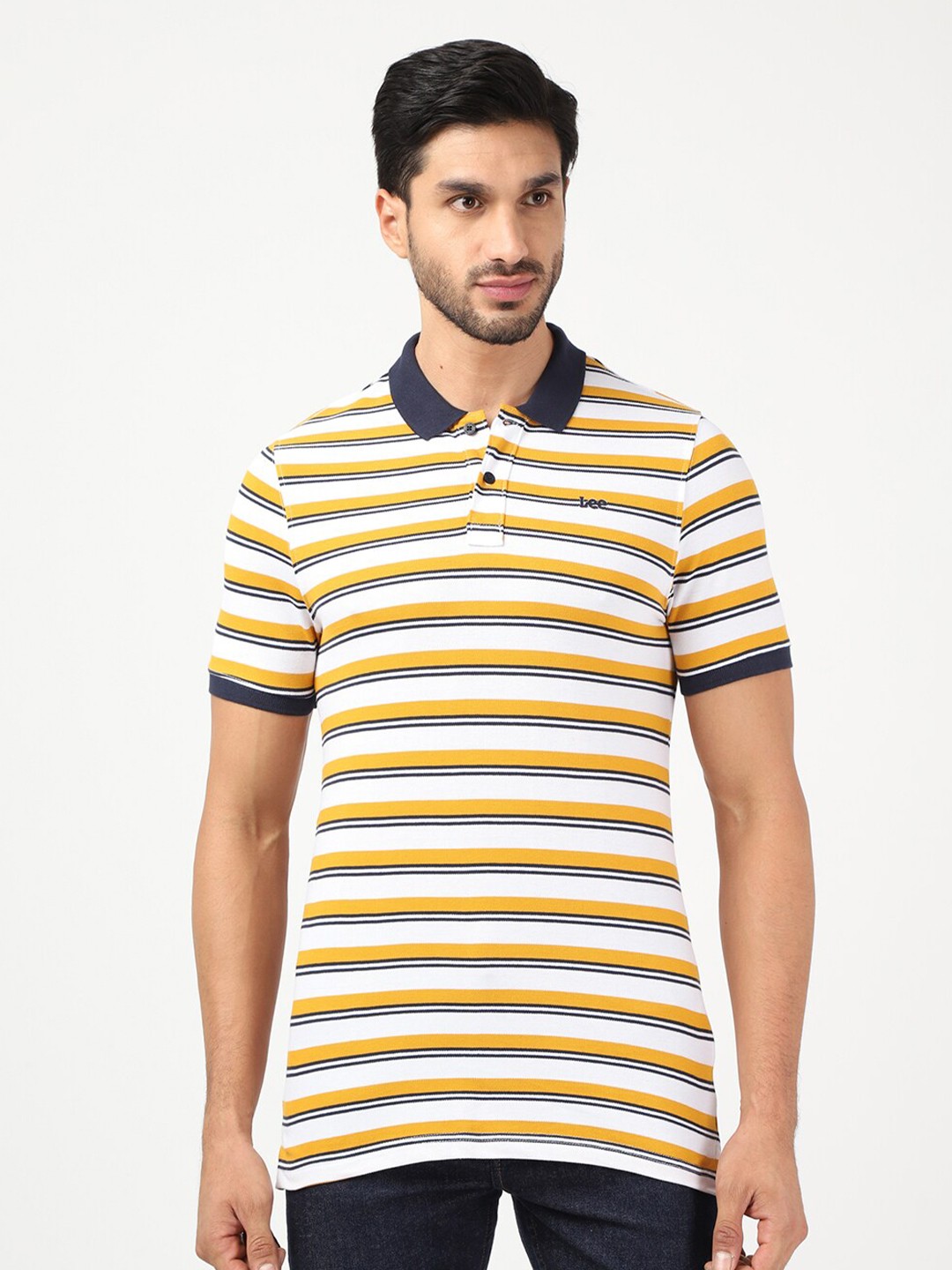

Lee Men White Striped Polo Collar Slim Fit T-shirt