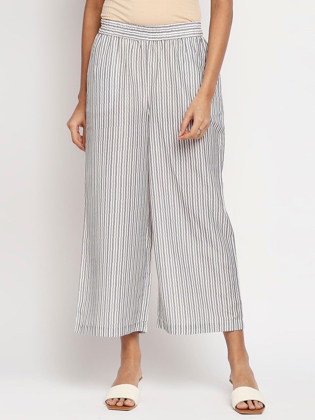 

Ethnicity Women Grey & White Striped Flared Knitted Palazzos